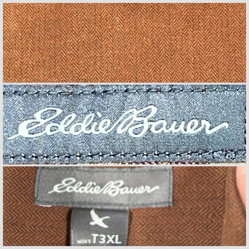 Eddie Bauer Classic Fit Men T3XL Brown Herringbone Flannel Magnetic Button Front
